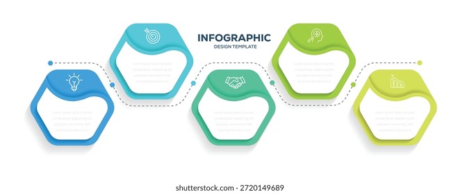 Hexagon infographic with 5 options. Visual data presentation. Timeline infographic icons designed for abstract background template.
