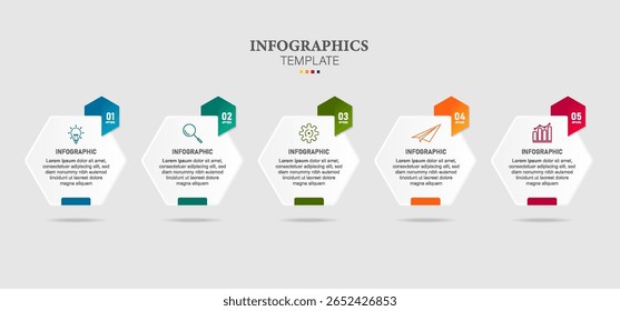 Infografía del hexágono. Gráfico de hito de línea de tiempo cuadrada de 5 pasos, concepto de Anuncio de presentación. Infografía de flujo de trabajo de opciones de Vector