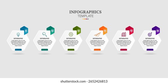 Infografía del hexágono. Gráfico de hito de línea de tiempo cuadrada de 6 pasos, concepto de Anuncio de presentación. Infografía de flujo de trabajo de opciones de Vector