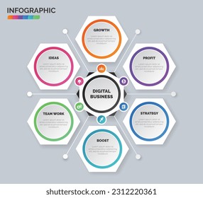 Hexagon infographic data visualization design vector with 6 options, steps, process for presentation, layout, diagram chart, anual report
