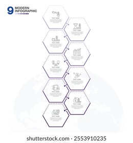 Hexagon infographic design element with 9 steps and business icons. Timeline infographic icons designed for abstract background template