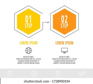 Plantilla de diseño infográfico de hexágono con 2 opciones e iconos. Concepto de negocio de línea de vectores. Se puede usar para web, banner, diseño de flujo de trabajo, presentaciones, diagrama de flujo, gráfico de información, línea de tiempo, contenido.