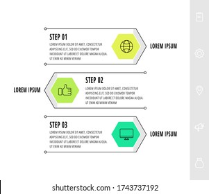 Hexagon Infographic Design Template With 3 Options And Icons. Vector Business Line Concept. Can Be Used For Diagram, Web, Banner, Workflow Layout, Presentations, Flow Chart, Info Graph, Content.