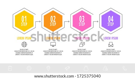 Hexagon infographic design template with 4 options and icons. Vector line business concept. Can be used for diagram, web, workflow layout, flow chart, info graph, timeline, content, levels.
