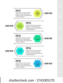 Hexagon infographic design template with 5 options and arrows. Vector business line concept. Can be used for diagram, web, banner, workflow layout, presentations, flow chart, content, levels.