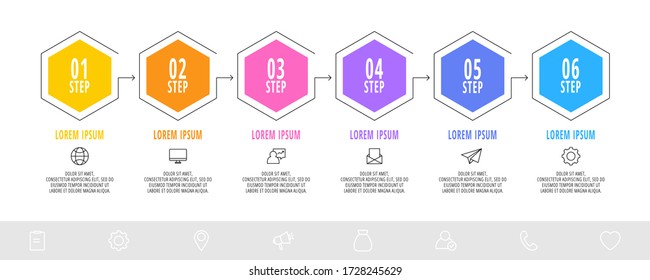 Hexagon infographic design template with 6 options and arrows. Vector line business concept. Can be used for diagram, web, banner, workflow layout, presentation, info graph, timeline, content, levels.