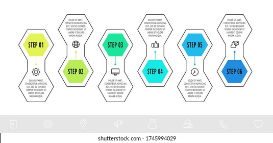 Hexagon infographic design template with 6 options and icons. Vector business line concept. Can be used for diagram, web, banner, workflow layout, presentation, info graph, timeline, content, levels.