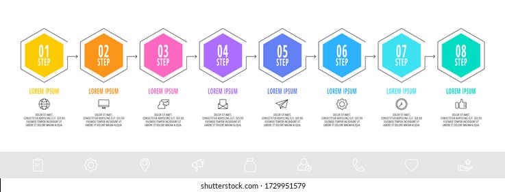 Hexagon infographic design template with 8 options and arrows. Vector line business concept. Can be used for diagram,, web, banner, workflow layout,, flow chart, info graph, timeline, content, levels.