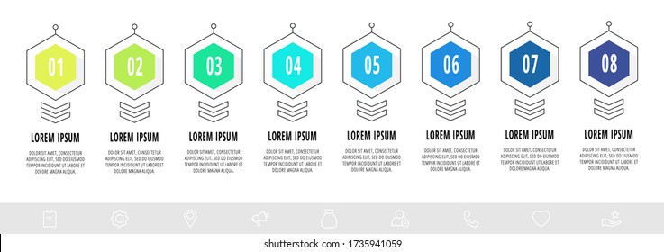 Plantilla de diseño infográfico de hexágono con 8 opciones y flechas. Concepto de negocio de línea de vectores. Se puede utilizar para diagrama, web, banner, diseño de flujo de trabajo, diagrama de flujo, gráfico de información, línea de tiempo, contenido, niveles.