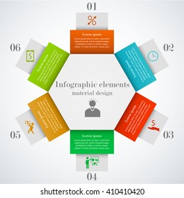 Hexagon infographic elements. Template for presentation, cycle diagram, graph. Business concept with 6 options, parts, steps or processes. Abstract background. Material design style