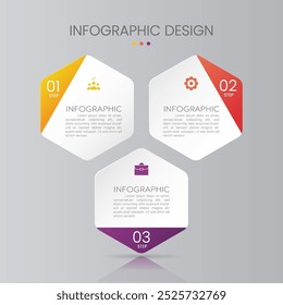 Template infographique hexagonale avec icônes en 3 étapes. Options d'infographie professionnelle.
