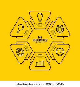 Diseño de plantillas de infografía de hexágono con múltiples opciones, concepto de pasos de visualización de datos empresariales, estilo de iconos de línea delgada sobre fondo amarillo