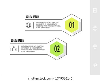 Plantilla de diseño de infografías de hexágono con 2 opciones e iconos. Concepto de línea de vector. Se puede usar para web, banner, diseño de flujo de trabajo, presentaciones, diagrama de flujo, gráfico de información, línea de tiempo, contenido.