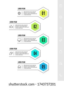 Hexagon infographics design template with 5 options. Vector business line concept. Can be used for diagram, web, banner, workflow layout, presentations, flow chart, content, levels.