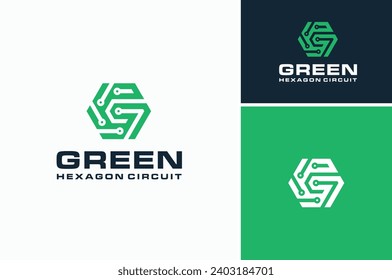 Hexagon Initial Letter G Green with Circuit Wire Link Connection Modern Futuristic Logo Design