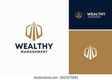 Hexagon Initial Letter W or M or WM MW as Building Tower skyscraper for Wealth Business Property Investment Company logo design