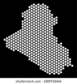 Hexagon Iraq map. Vector geographic scheme on a black background. Abstract Iraq map collage is formed with hexagonal spots.