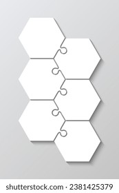 Hexagon jigsaw Business Infografik mit 6 Stücken. Infografik-Präsentation für Unternehmen. Puzzle hexagonale Gitterinfo mit Schritten, Teile des Prozessdiagramms. Vektorgrafik