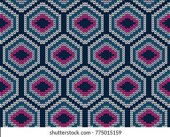 Hexagon knitted seamless pattern for sweater. Geometric vector background