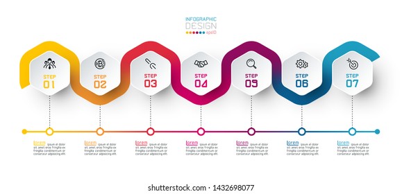 Hexagon label with color line linked infographics.