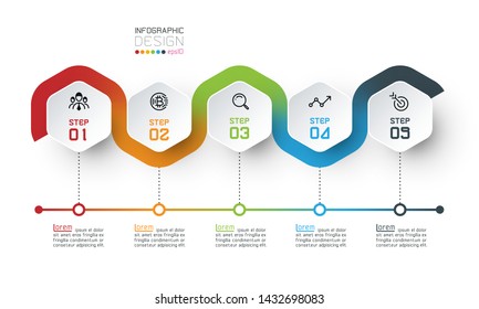 Hexagon label with color line linked infographics.