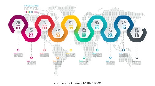 Hexagon label with color line linked infographics.