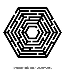 El laberinto del hexágono es negro sobre blanco. Dificultad lógica para los niños. Un camino correcto. Ilustración plana vectorial aislada en fondo blanco.