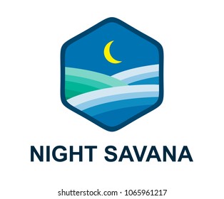 hexagon landscape land sea havana with moon iconic design badge logo for sticker or label of corporate or community nature camp with modern flat design illustration style