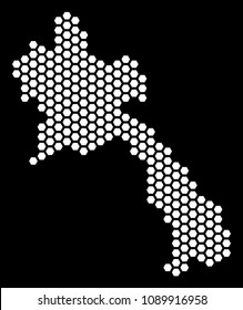 Hexagon Laos map. Vector territory scheme on a black background. Abstract Laos map mosaic is done with honeycomb spots.
