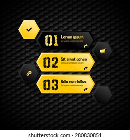 Hexagon layout with black and orange design elements.