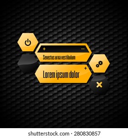 Hexagon layout with black and orange design elements.
