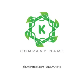 Hexagon Leaf Logo icon symbol with Letter K. Vector logo template