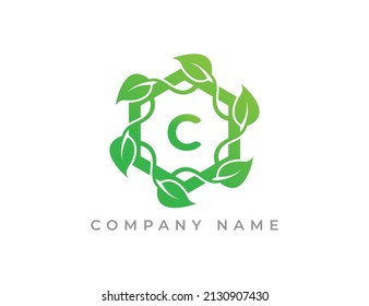 Hexagon Leaf Logo icon symbol with Letter C. Vector logo template