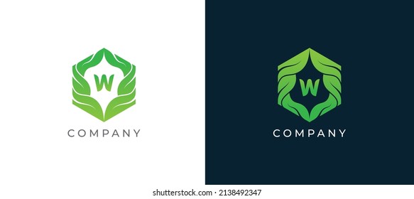 Hexagon Leaf Logo sign icon symbol Design with Letter W. Vector illustration logo template