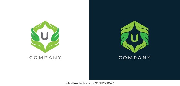Hexagon Leaf Logo sign icon symbol Design with Letter U. Vector illustration logo template