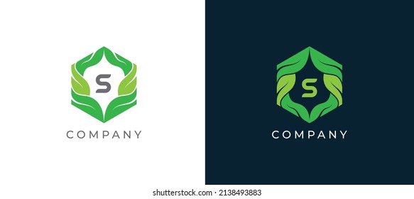 Hexagon Leaf Logo sign icon symbol Design with Letter S. Vector illustration logo template