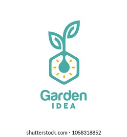 Hexagon Light Bulb Lamp with Leaf for Creative Garden Plant Farm Innovation Idea Logo design 