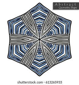 Hexagon like sign.Abstract geometric shape roughly hand drawn. Striped symmetrical geometrical symbol. Vector icon isolated on white. Tribal ethnic pattern design element.
