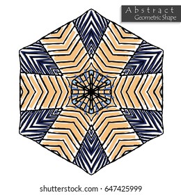 Hexagon like sign.Abstract geometric shape roughly hand drawn. Striped symmetrical geometrical symbol. Vector icon isolated on white. Tribal ethnic pattern design element.