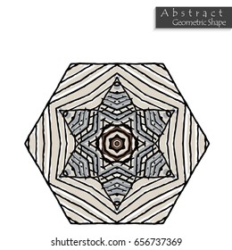 Hexagon like sign.Abstract geometric shape roughly hand drawn. Striped symmetrical geometrical symbol. Vector icon isolated on white. Tribal ethnic pattern design element.