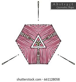 Hexagon like sign.Abstract geometric shape roughly hand drawn. Striped symmetrical geometrical symbol. Vector icon isolated on white. Tribal ethnic pattern design element.