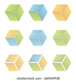 Hexagon. Line art. Abstract logos. Designed set of boxes for delivery service. Scientifical symbols. Colorful diamonds logotype for jewellery shops. Bright vector set of geometrical figures.