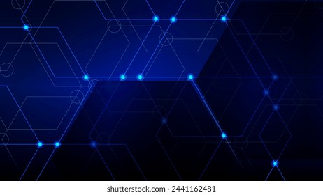 Hexagon line network connection dots, digital tech blue background vector