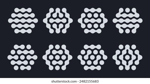 Hexagon liquid molecule figures. Metaball connected shapes, abstract liquid spotted graphic design elements flat vector illustration set. Honeycomb metaball shapes