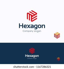 Hexagon logo. 3D cube logo template. Hexagon logotype with letter m and w