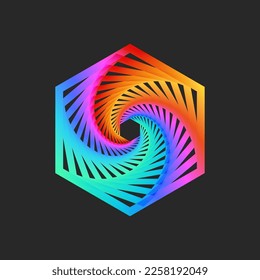 Hexagon logo bright spiral perspective pattern with twisting, cyberpunk style portal fractal geometric shape, hypnotic rainbow gradient.