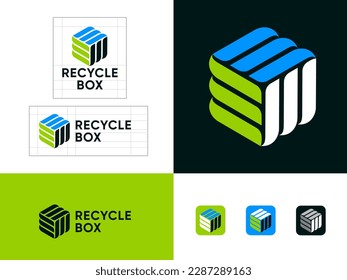 Hexagon logo consist of lines. Three color ribbons. Recycle box.