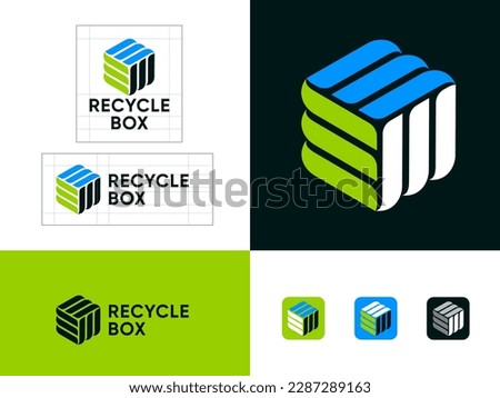 Hexagon logo consist of lines. Three color ribbons. Recycle box.