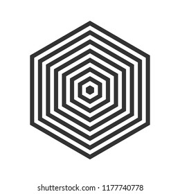 Hexagon logo or cube with optical illusion or geometric stripes pattern. Vector art tile with hexagonal abstract lines effect