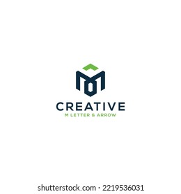 Hexagon logo design of M letter with arrow symbol, Blue and green. color combination. Logo for marketing, invest, finance, etc